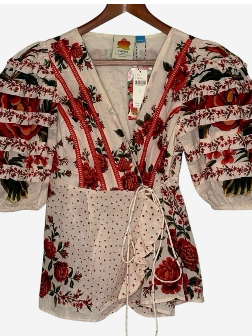 FARM Rio Cream Blush Red Floral Wrap Blouse